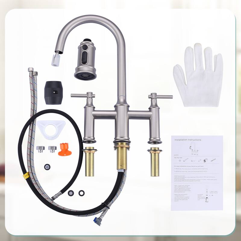 WOWOW Double Handle Pull Down Sprayer Bridge Kitchen Faucet