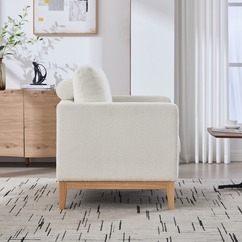 Farmhouse Performance Accent Chair with Natural Wood Legs, Wood Base Reading Armchair Single Sofa with Two Bolster Pillows