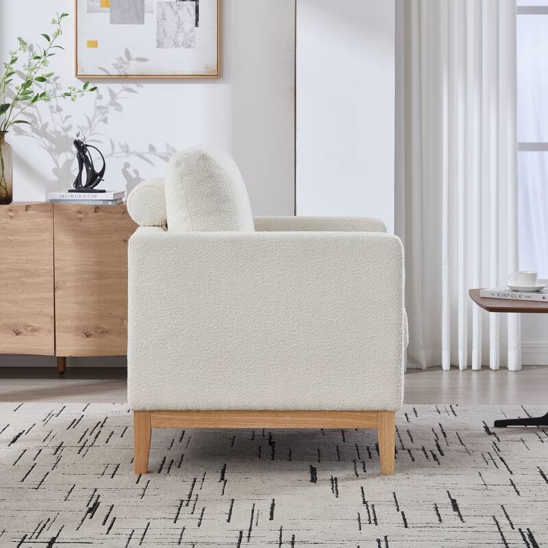 Roomfitters Boucle Accent Chair, Modern Farmhouse Armchair with Natural Wood Base and Bolster Pillows for Living Room or Office