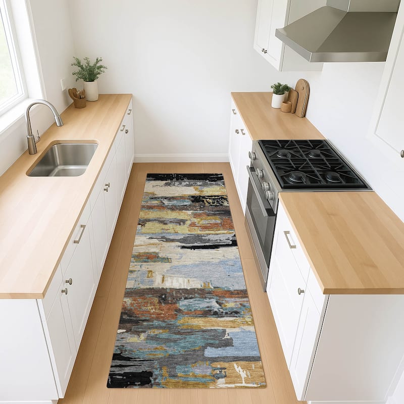 Machine Washable Indoor/ Outdoor Abstract Contemporary Chantille Rug