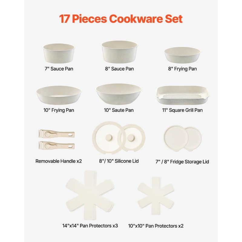 Aluminum 17 Piece Cookware Set with Detachable Handles and Non-Stick Coating