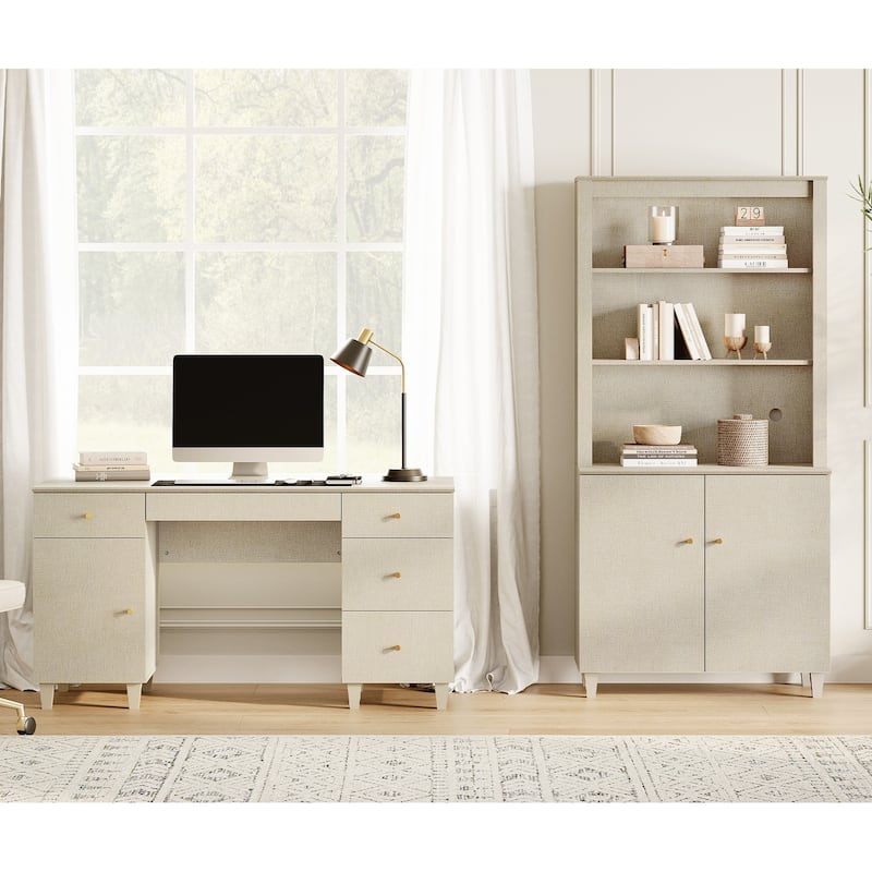 WAMPAT Home Office Furniture Set, 58" Executive Desk with Cabinet, 71" Tall Bookcase with Doors and Adjustable Shelves