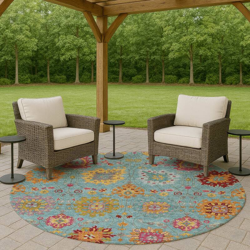 Machine Washable Indoor/ Outdoor Traditional Kashan Chantille Rug - Teal - 8' x 8'