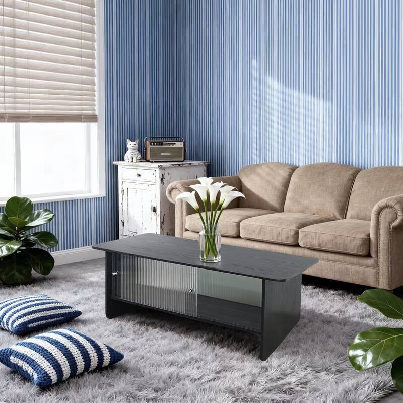 47" Modern Coffee Table with Sliding Glass Doors & Ample Storag