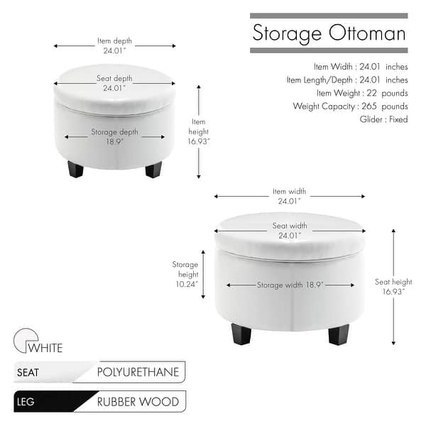 dimension image slide 0 of 3, Porthos Home Donn Faux Leather Round Storage Ottoman with Rubberwood Legs