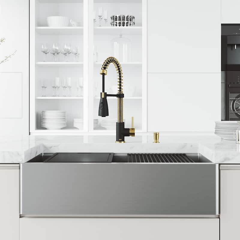 VIGO 36 in. Apron Front Double Bowl Stainless Steel Farmhouse Kitchen Sink and Faucet in Matte Brushed Gold and Matte Black - Grey