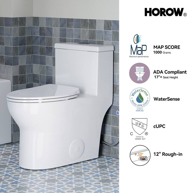 HOROW 1 Piece Dual Flush Elongated ADA Height Toilet White 0.8 1.28 GPF 1000g Flush High Quality Fill Valve