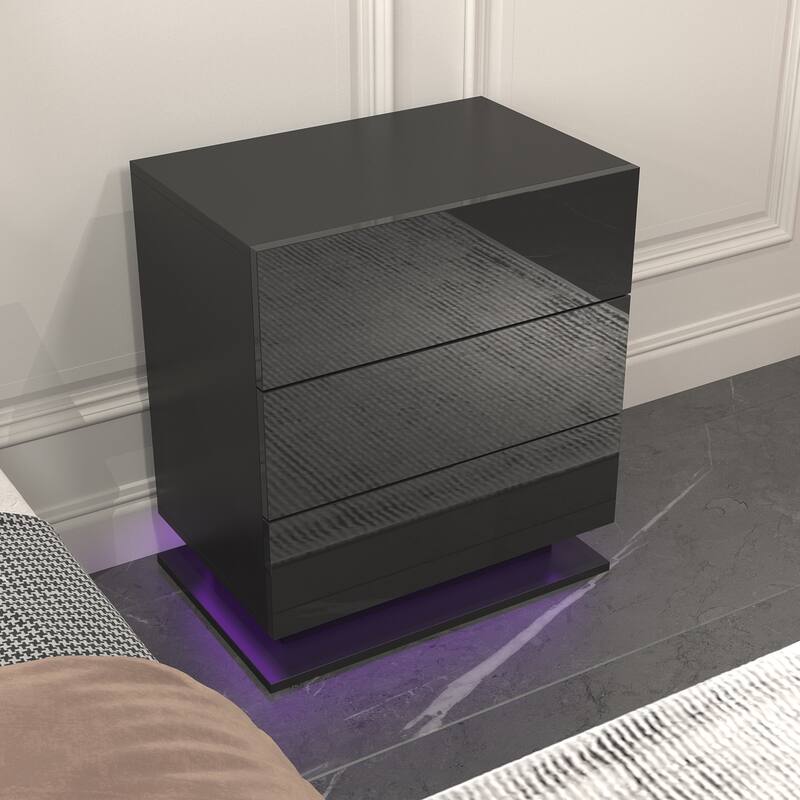 LED Nightstand with 3 Drawers Modern End Side Bedside Table