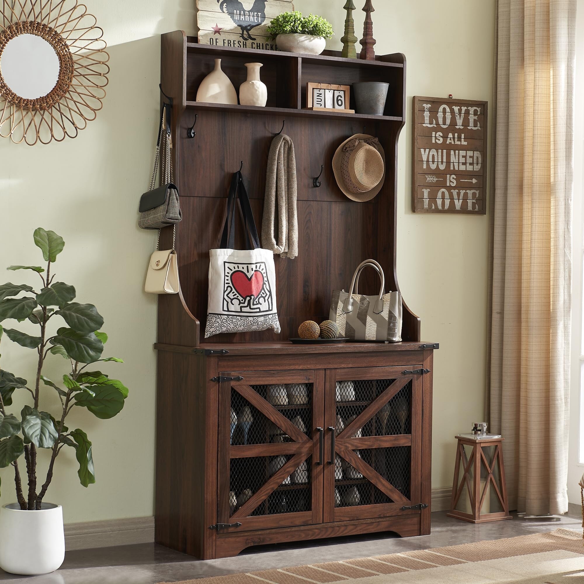 Farmhouse Entryway Bench w Coat Rack 12 Shoe Cubbies 7 Coat Hooks Hall Tree with Shoe Storage Bench Mudroom Storage Cabinet Bed Bath Beyond 39673012