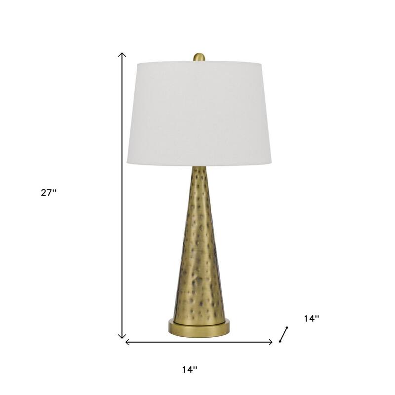 Antiqued Brass Metal Table Lamp with White Empire Fabric Shade and Rotary Switch - 14” x 14” x 27” (D x W x H)