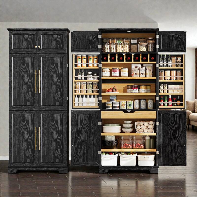 78.2" Farmhouse Kitchen Pantry Cabinet with 8 Door Shelves, Adjustable Shelves, Hidden Drawer and Wine Rack Storage