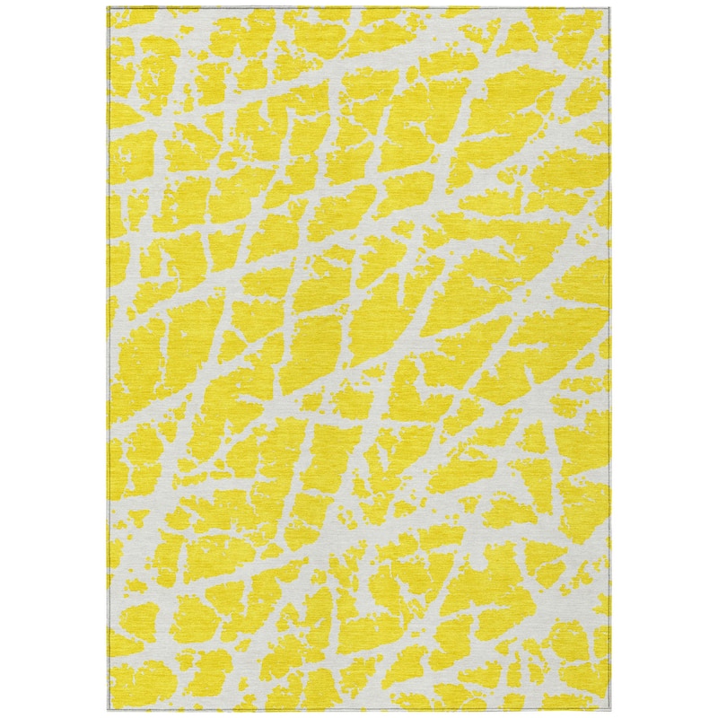 Machine Washable Indoor/ Outdoor Transitional Yellow Crackle Chantille Rug