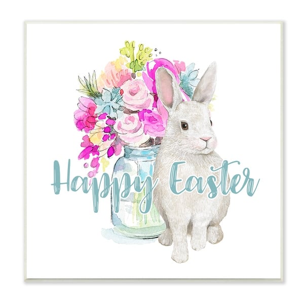 slide 2 of 6, Stupell Happy Easter Calligraphy Bunny Pink Flower Bouquet Wood Wall Art - Multi-Color 12 x 12