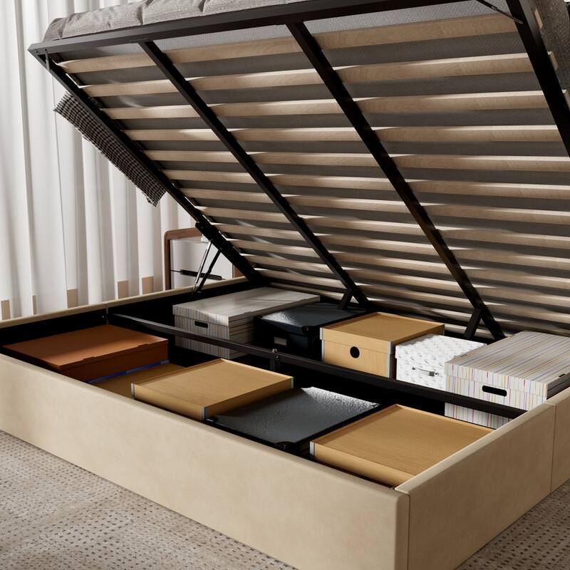 Modern Upholstered Lift-Up Storage Platform Bed with Headboard