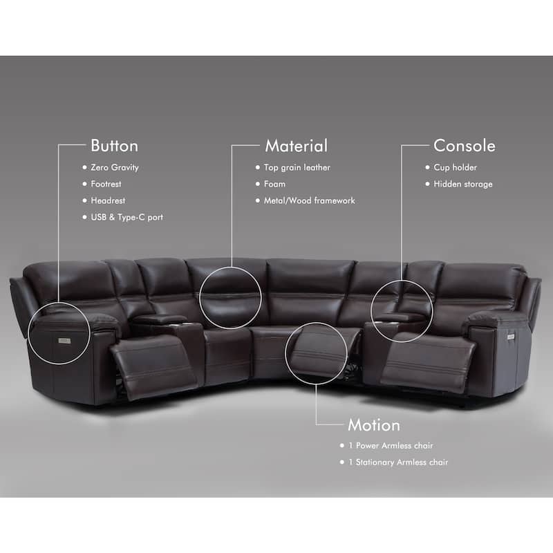 7PCS, 3 power Recliners, Dual-Power Genuine Leather Reclining Sectional with Console, Zero Gravity