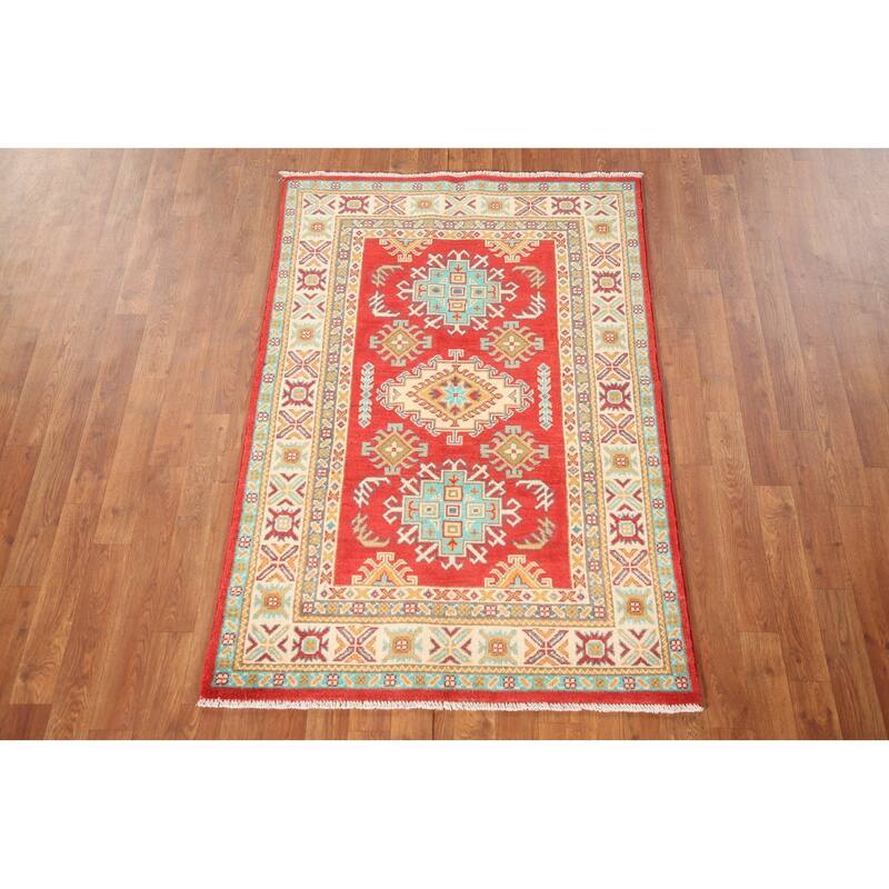 Kazak Rug Hand-Knotted Geometric Red Wool Carpet - 3'3"x 4'10"