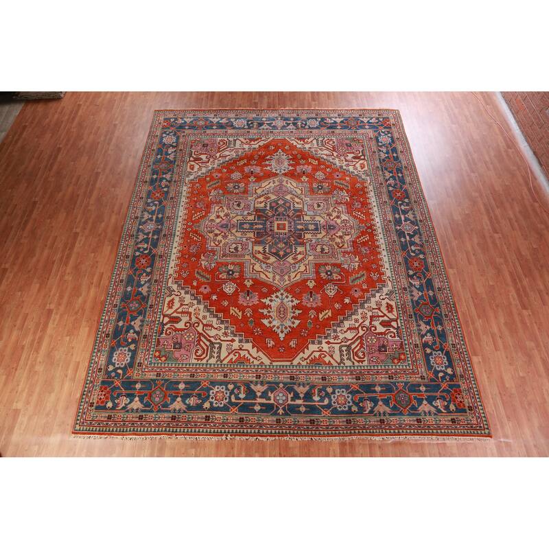Hand Knotted Oriental 100% Wool Carpet Traditional Medallion Oranges & Rust Heriz (serapi) Area Rug - 14' 9'' X 11' 10''