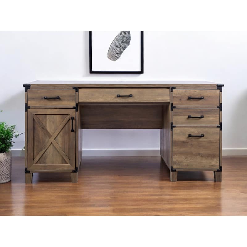 HomeRoots 59" Natural Wood Executive Desk With Five Drawers - Natural