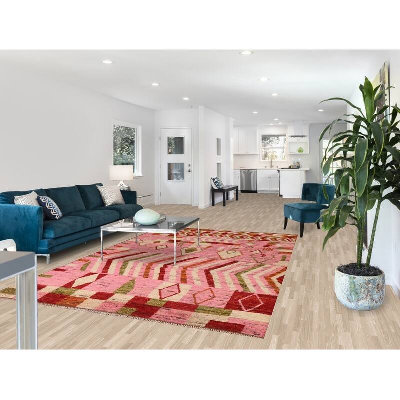 Hand Knotted Oriental 100% Wool Carpet Modern Tribal Pink Moroccan Area Rug - 9' 10'' X 6' 5''