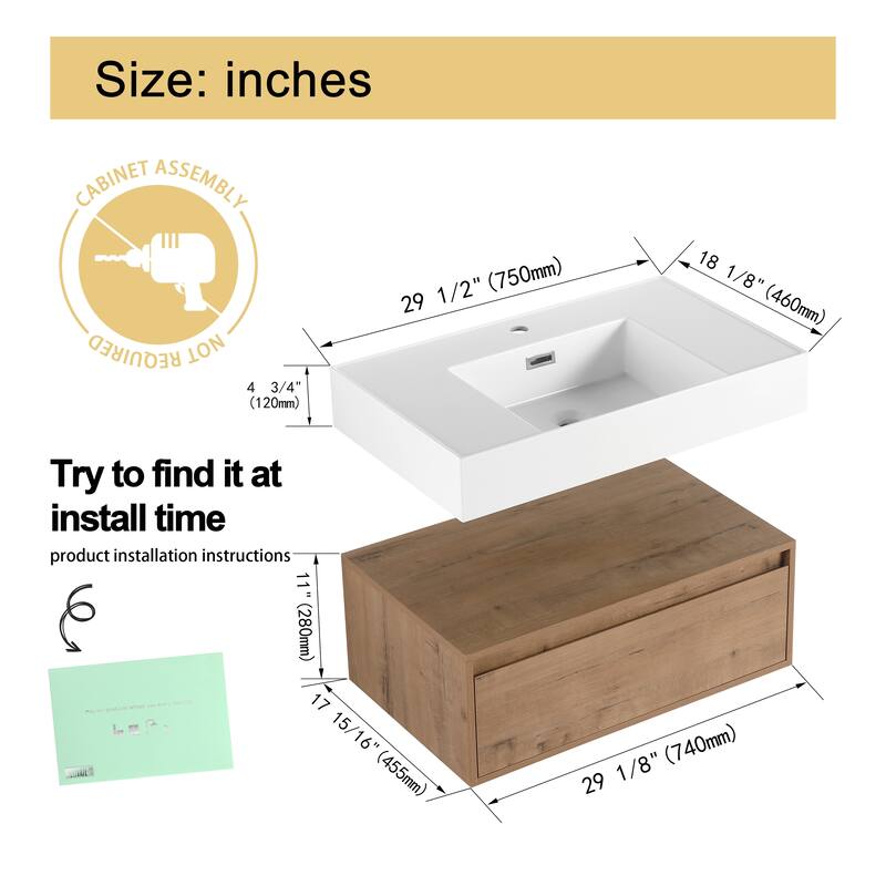 Malwee 30"/60" Floating Bathroom Vanity, Wall Mounted Bathroom Vanity with Single/Double Sink and Soft Close Drawers