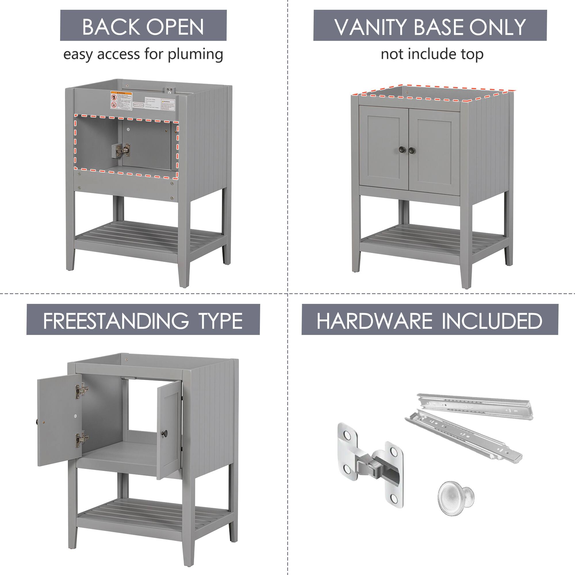 Bathroom Vanity Base Only, 24 in Bathroom Storage with Doors, Open Shelf and Soild Wood