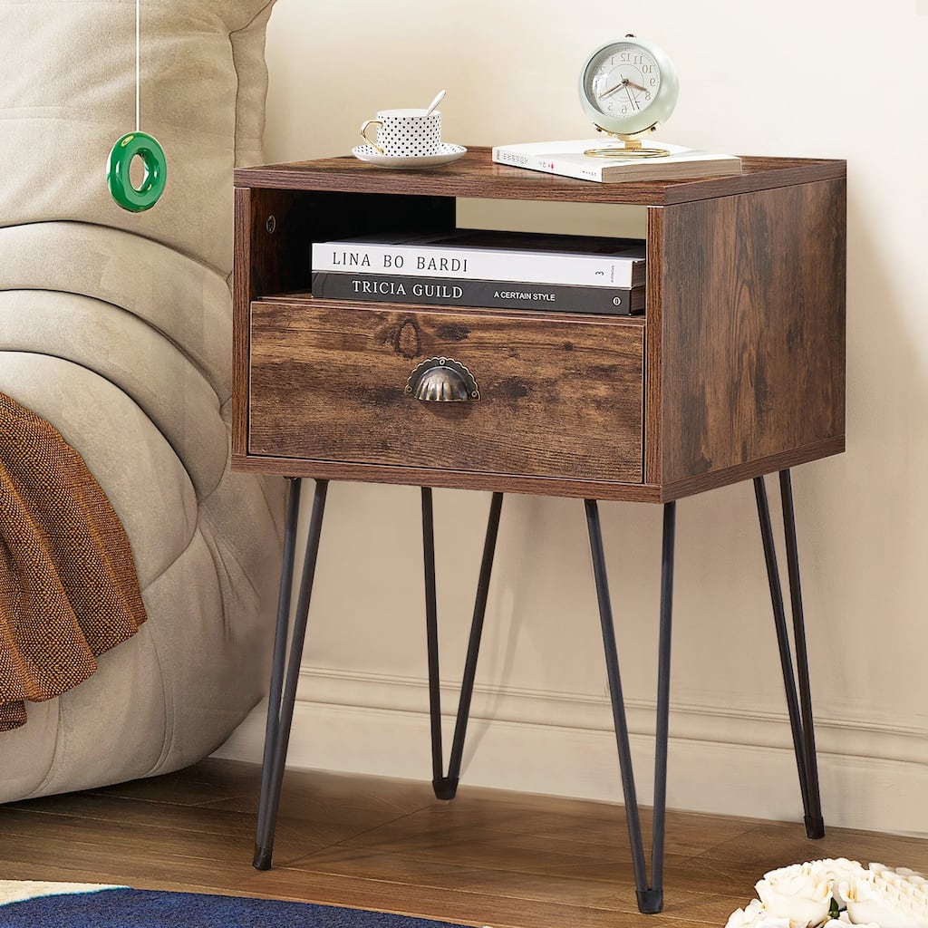 VECELO Mid Century Modern Nightstand with Drawer Open Shelf V-Shaped Metal Legs End Table for Bedroom Living Room