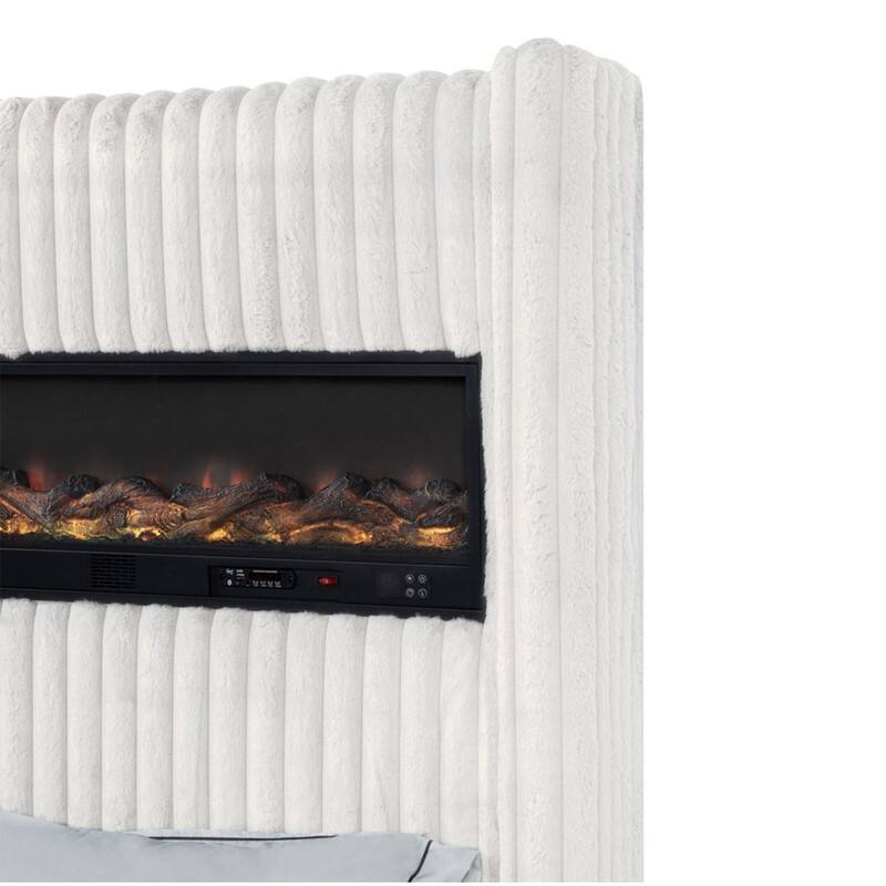 Best Master Furniture Noemie Luxe Modern Upholstered Velvet Panel Bed with Integrated Fireplace Display