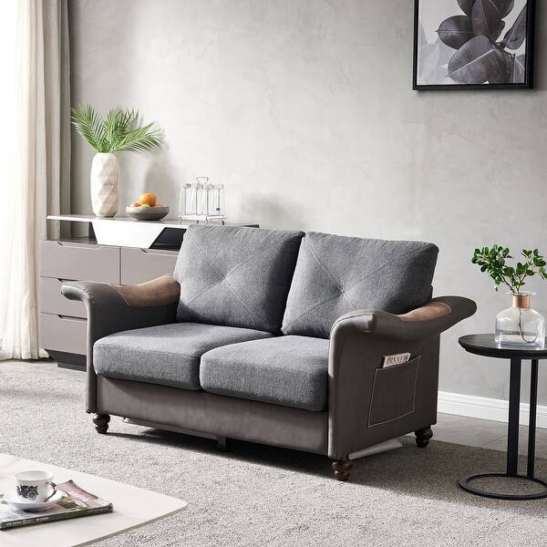 Linen Fabric Faux Leather Loveseats Sofa Living Room Folding Armrest Sofa with Storage Bed