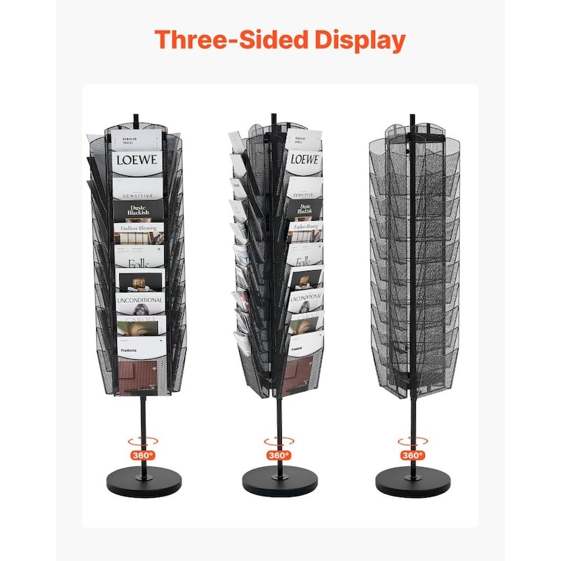 30-Tier Rotating Metal Magazine Display Rack 360° Swivel Literature Stand for Brochures, A4 Documents & Catalogs