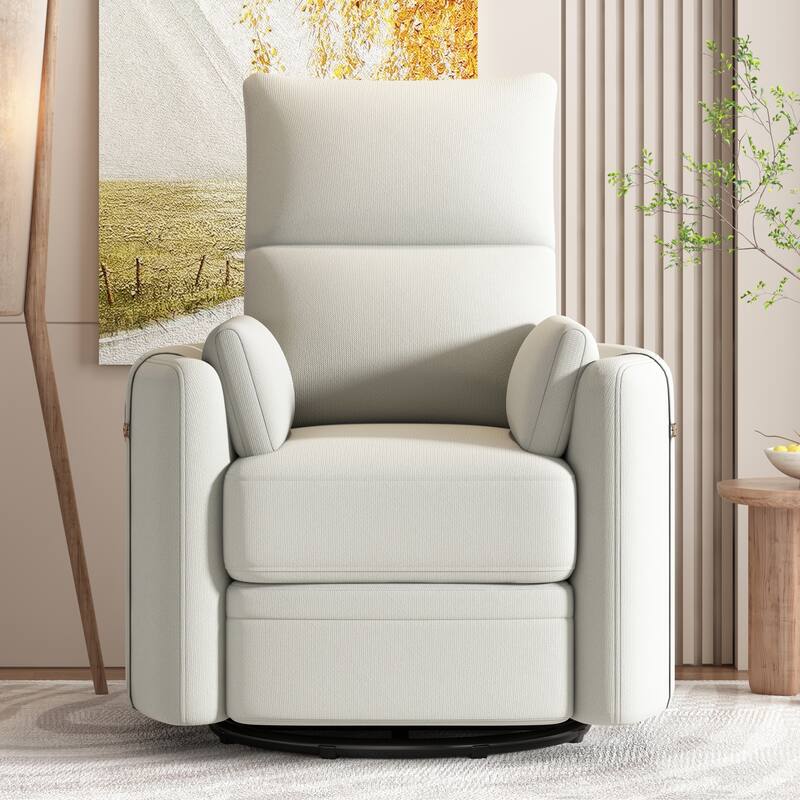 Beige Upholstered Swivel Rocker Recliner Chair with Manual Adjustment, 360° Swivel, and Two Removable Pillows