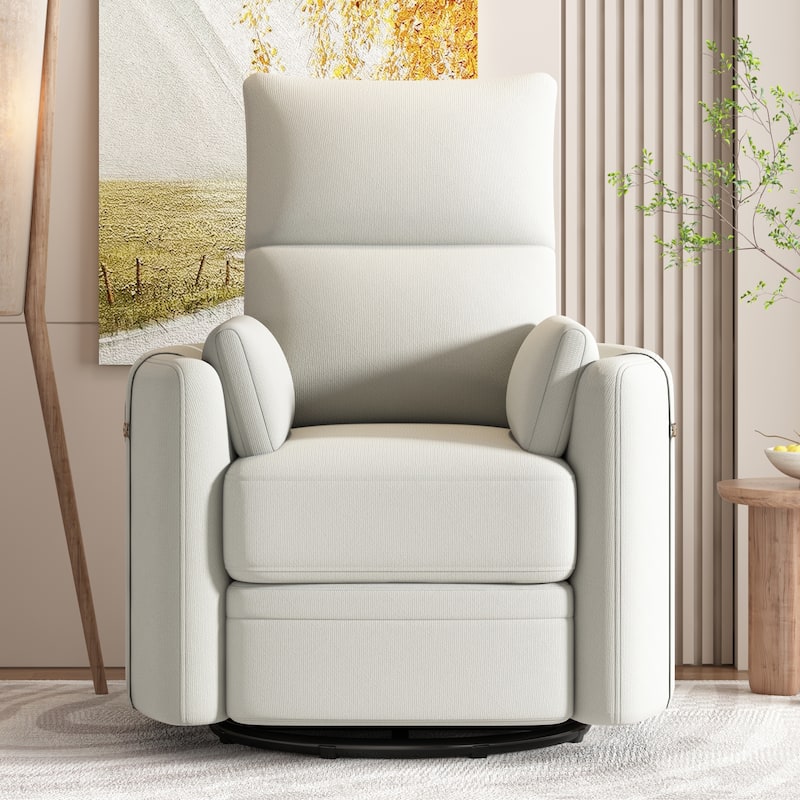 Beige Upholstered Swivel Rocker Recliner with Manual Recline, 360° Swivel, and Two Removable Cushions