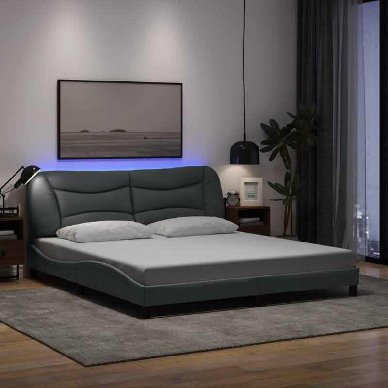 vidaXL Bed Frame with LED Lights Base Curved Platform Bedroom Furniture Fabric - Light gray-California King