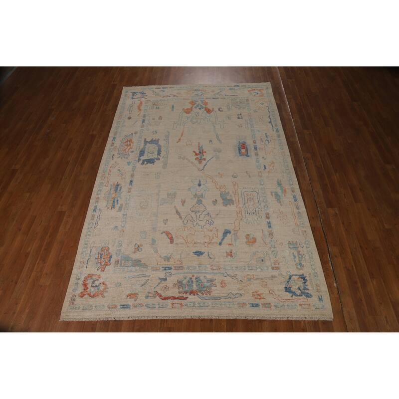 Hand Knotted Oriental 100% Wool Carpet Transitional All-Over Beige & Ivories Oushak Area Rug - 9' 0'' X 5' 11''