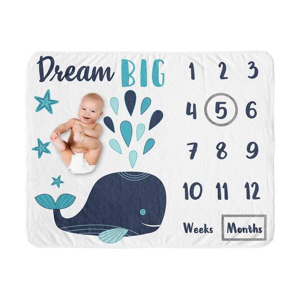 slide 2 of 6, Blue Whale Collection Boy or Girl Baby Monthly Milestone Blanket - Gender Neutral Turquoise Navy Nautical Ocean Sea Dream Big