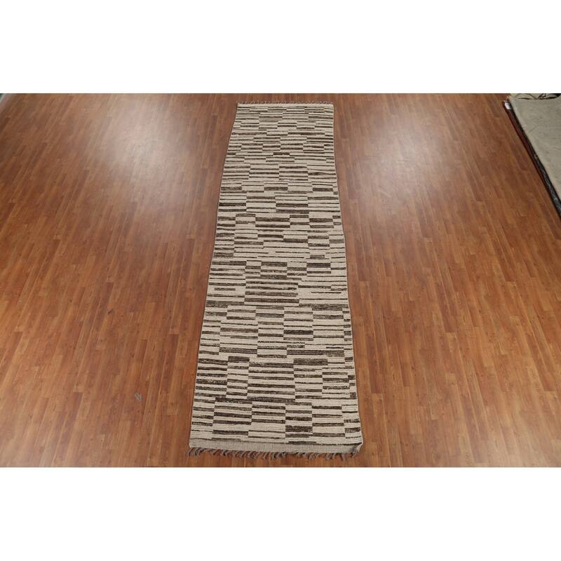 All-Over Striped Moroccan Oriental Runner Rug Hand-Knotted Wool Carpet - 4'0"x 13'6"