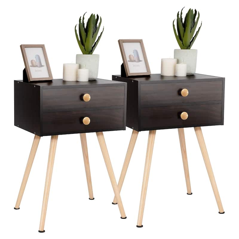 Costway 2 PCS Mid Century Modern 2 Drawers Nightstand Sofa Side Table - See Details - Espresso