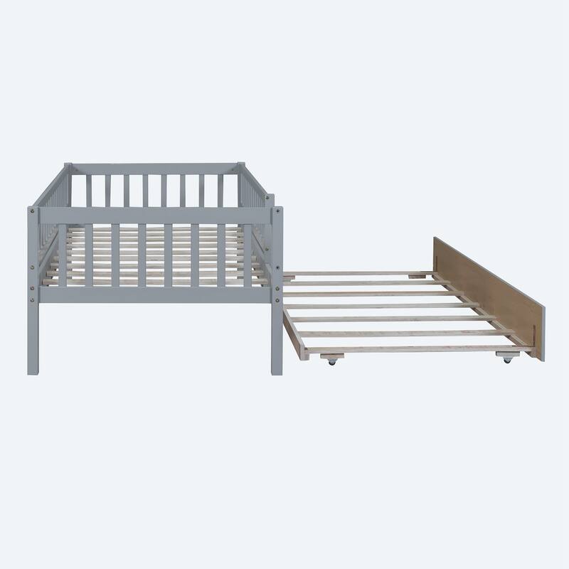 Twin Size Wood Daybed with Trundle and Fence Guardrails
