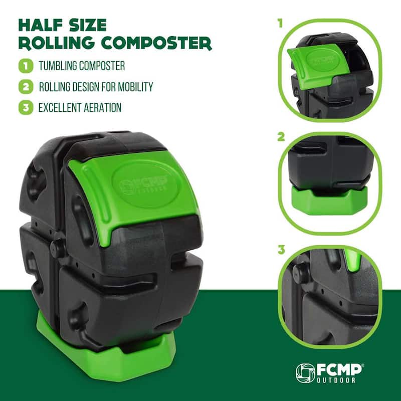 FCMP Outdoor Half Size 19 Gallon Plastic Rolling Composter Tumbler Bin, Green - 14.75