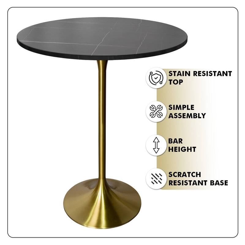 LeisureMod Verve 27" Bar Dining Table with Sintered Stone Round Top in Gold Steel, Gold Marbleized