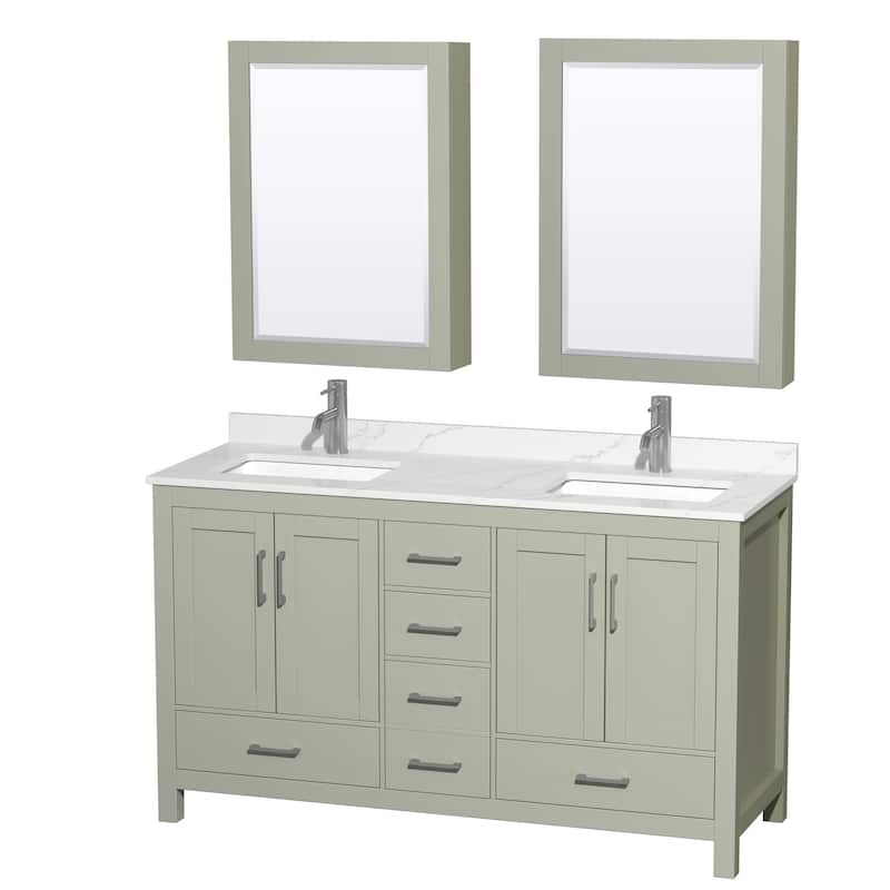 Sheffield 60-inch Double Vanity, Single Hole Quartz Top, Med Cabinets - Light Green, Nickel Trim, Giotto Quartz Top