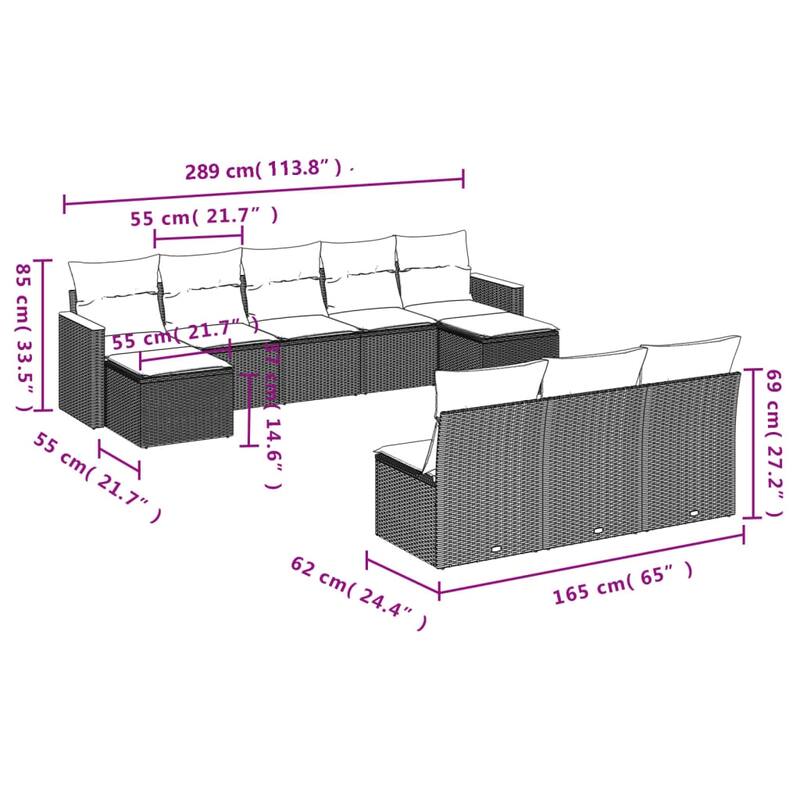vidaXL Patio Sofa Set with Cushions Outdoor Conversation Furniture Poly Rattan - 21.7 x 21.7 x 14.6 in