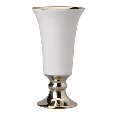 Ceramic Vase with Flared Top and Pedestal Base, Large, White and Gold