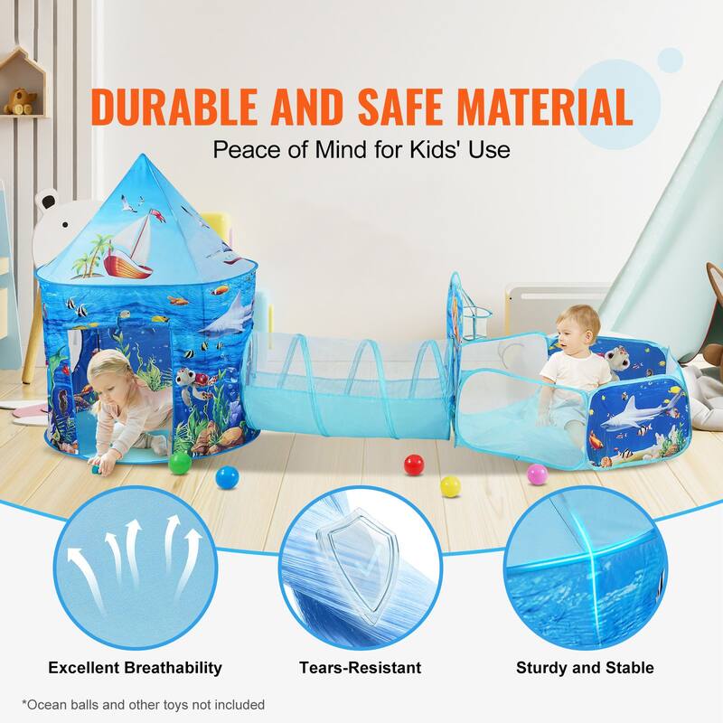 Multi Color Kids Tent Tunnel Set, 3 Piece Polyester Playhouse with Ball Pit - 39.4” L x 50” H