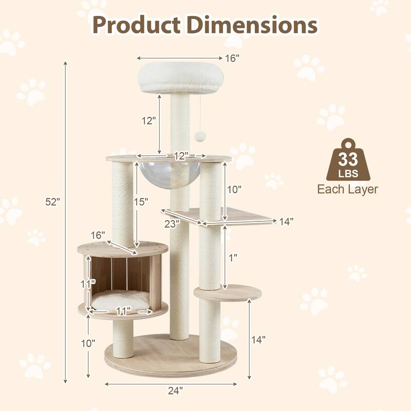 Gymax 52'' Tall Wooden Cat Tree w/Condo Perch Space Capsule Scratching
