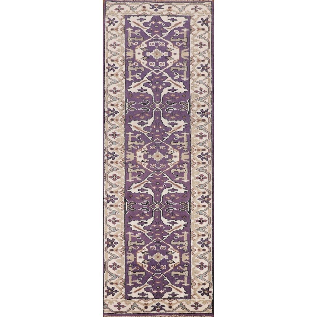 Purple & Ivory Oushak Oriental Runner Rug Handmade Wool Carpet - 2'7"x 9'7"