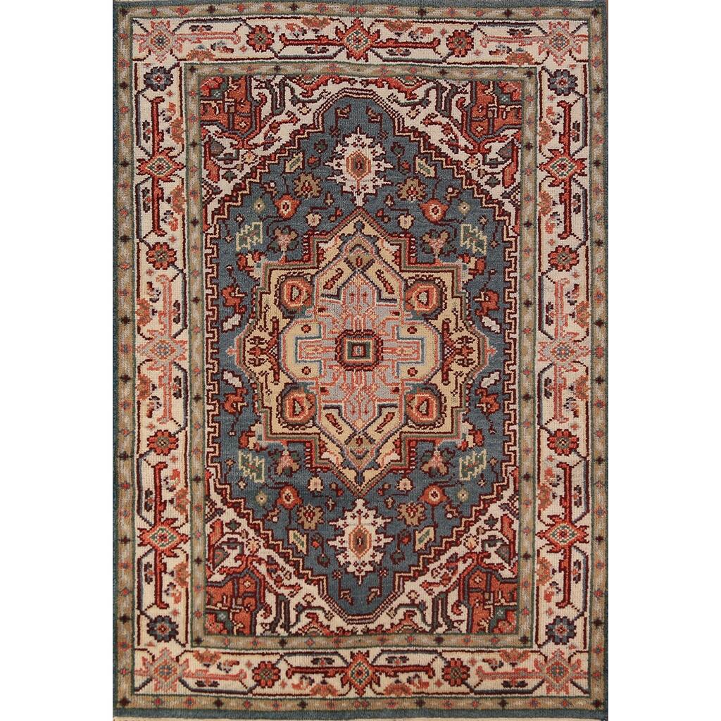 Blue Geometric Heriz Serapi Oriental Rug Hand-Knotted Wool Carpet - 4'0"x 6'1"