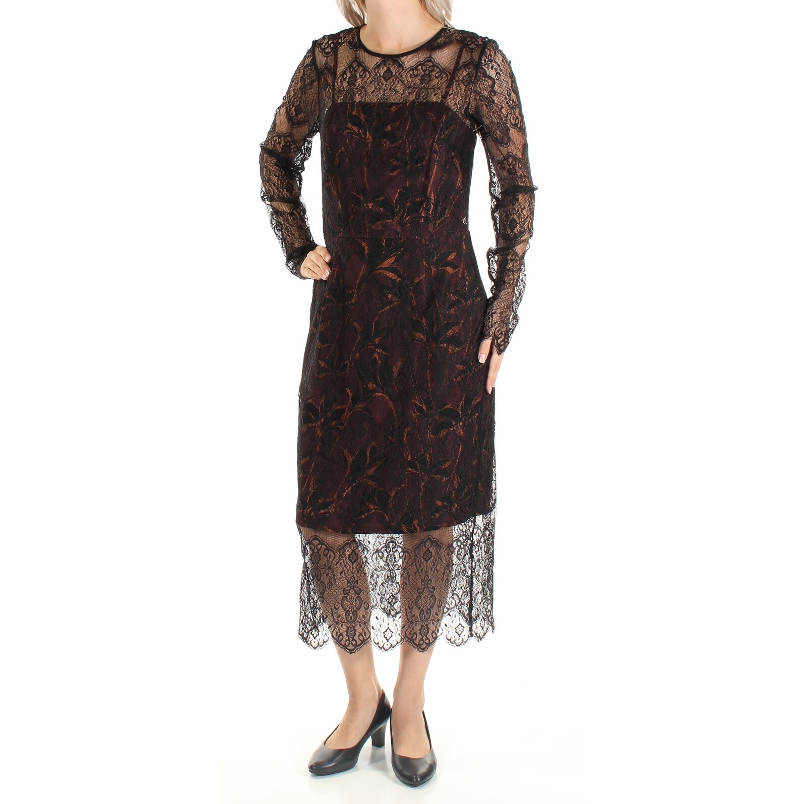 Shop Rachel Roy Womens Black Lace Floral Long Sleeve Illusion