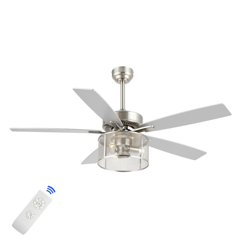 Oscar 52" 3-Light Farmhouse Industrial Iron/Wood Mobile-App/Remote-Controlled LED Ceiling Fan, by JONATHAN Y - Nickel