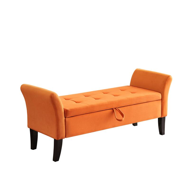 Ottoman Bench Leisure Bench with Solid Wood Legs and Armrests, Upholstered Flip End of Bed Bench with Safety Hinges