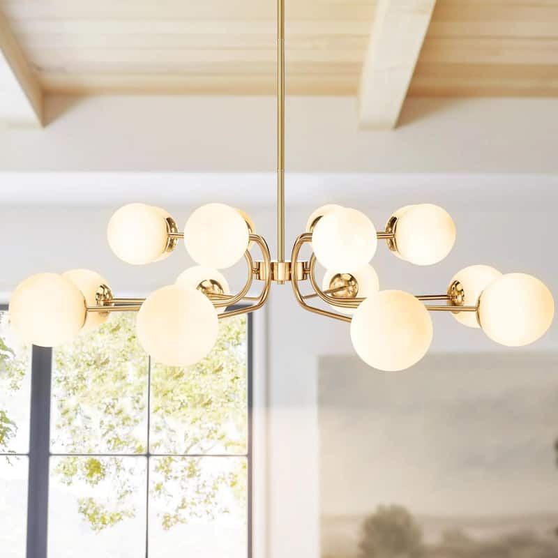 16-Light Modern Industrial 2-Tiered Sputnik Linear Frosted Opal Glass Globe Bubble Chandelier for Dining Room - Gold